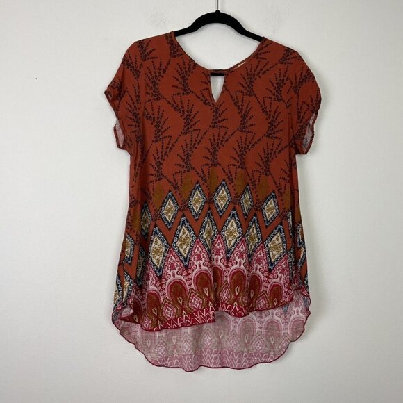 Allison Joy Pala V Top Orange Keyhole Flowy Floral Top Size Large - Picture 1 of 8